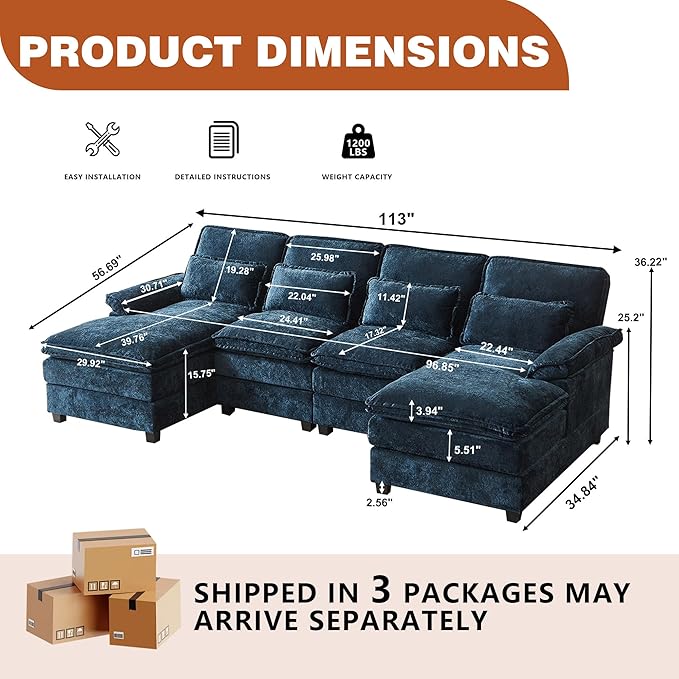 113" Oversized Cloud Couch, U Shape Sectional 4 Seat Sofa with Double Chaises, 2 Layer Cusions, Deep Seat Comfy Sofa, Upholstery Chenille Fabric for Living Room, Blue-HomvellaHome