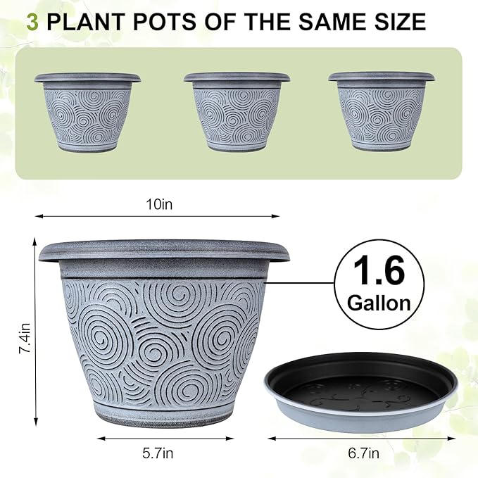 10 Inch Flower Pots Planters for Indoor Outdoor Plants, 3 Pack Plastic Large Plant Pots with Drainage Hole & Tray, Modern Decorative Garden Pot with Saucer, Plant Container for House-HomvellaHome