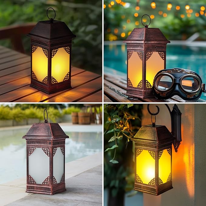 14" Solar Lanterns Outdoor Waterproof, Glass Flickering Flame Solar Lantern, Hanging Metal Lantern Decorative for Patio Front Porch Garden Backyard Tabletop Party Decoration-HomvellaHome