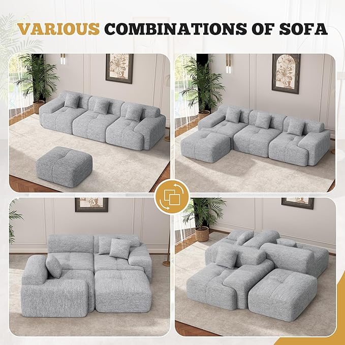 122" Modern L Shaped Modular Sectional Sofa, Boneless Couches for Living Room with Ottoman,4 Seater Convertible Chenille Cloud Couch Sofa Set, No Assembly Required, Light Grey 1 PCS-HomvellaHome