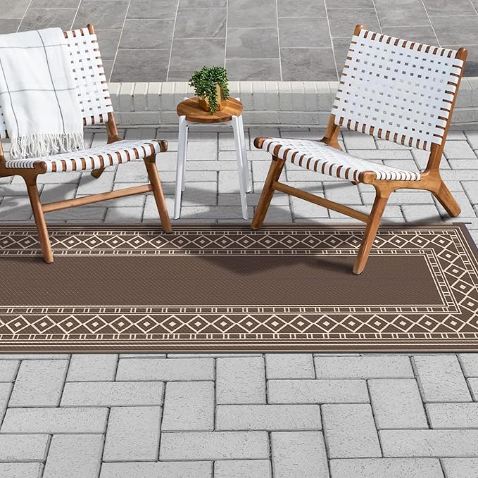 GENIMO Outdoor Rug Waterproof for Patio Decor, 2.5'x8' Foldable Reversible Plastic Straw Runner Rugs Carpet for Porch, Outside Area Mat for Rv, Deck, Picnic, Camper, Balcony, Coffee & Beige-HomvellaHome