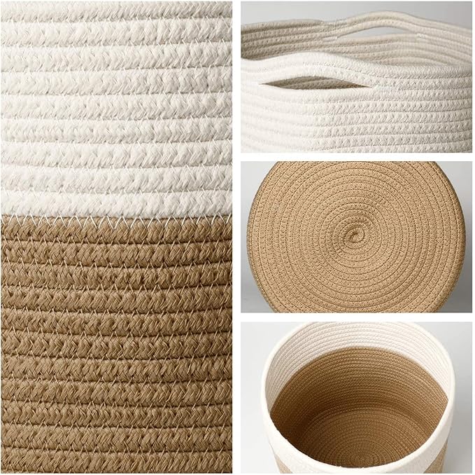 11" Cotton Rope Plant Basket Modern Woven Baskets for 10" Flower Pot Floor Indoor Planters,Storage Organizer Baskets Home Decor,Brown White 11"x 11"-HomvellaHome