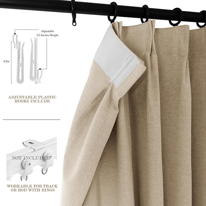 100% Blackout Linen Textured Drapes for Bedroom Pinch Pleated Curtains for Track System Portable Drapery for Sliding Glass Door/Storage/Space Room Divider, 70" Wx96 L, 1 PC, Sand Beige-HomvellaHome