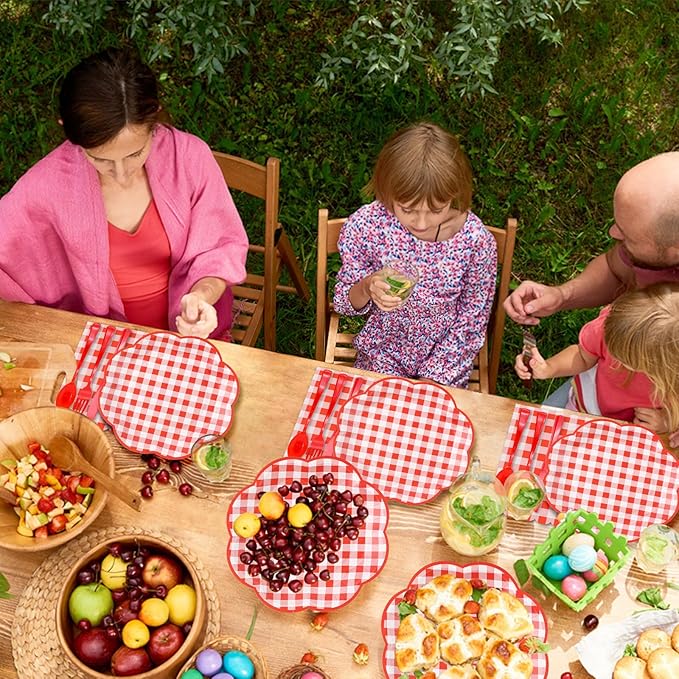 175 Pcs Red Gingham Plates and Napkins Party Supplies - Red and White Checkered Plates Sets Serve 25 Guests - Scalloped Gingham Paper Plate for Birthday Picnic BBQ Christmas Party Decorations-HomvellaHome