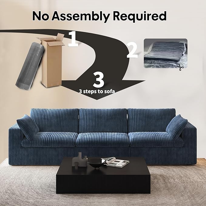 118" 3-Seater Cloud Sofa,Modular Sectional Couch,Modern Deep Seat Upholstered Couches with Plush Corduroy Fabric for Living Room Furniture,Bedroom and Apartment,No Assembly Required,Blue-HomvellaHome