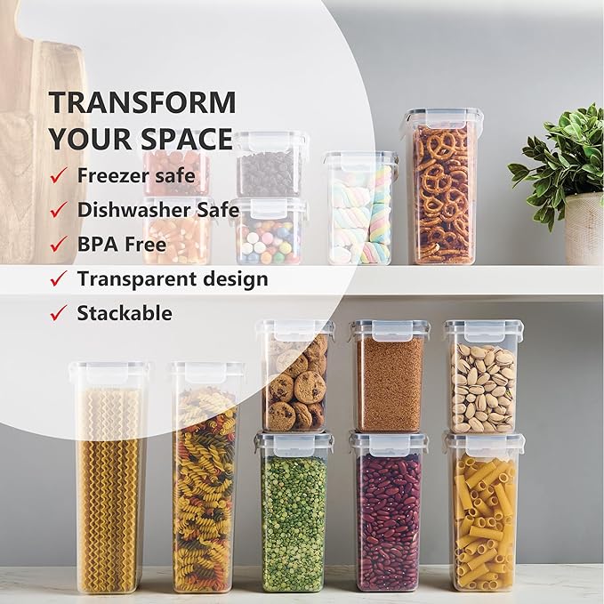 DWËLLZA KITCHEN Set of 14 Airtight Food Storage Containers for Pantry Organization and Storage - Sugar, Flour, Pasta, Spaghetti Plastic Air tight Kitchen Storage Containers With Lids, Labels & Marker-HomvellaHome