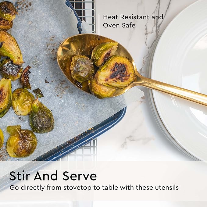 Gold Cooking Utensils Set – 5-Piece Stainless Steel Kitchen Tools for Modern Cooking and Serving – Dishwasher Safe Ladle, Spoon, Spatula, Pasta Fork, Luxury Brass Kitchen Accessories for Home Chefs-HomvellaHome