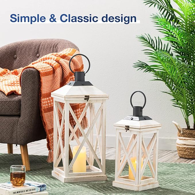 Glitzhome Mondern Farmhouse Wooden Lantern Hanging Decorative Candle Lantern for Outdoor & Indoor Wash White Set of 2 (No Glass)-HomvellaHome