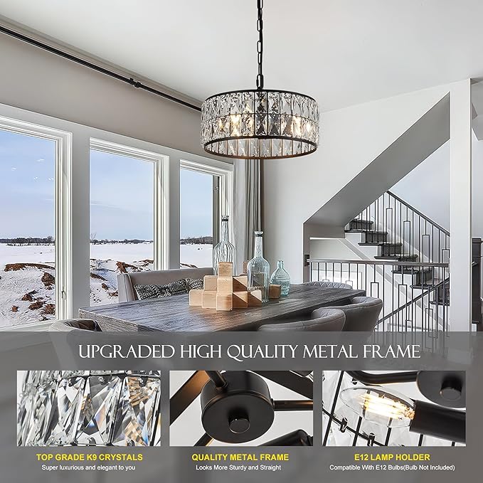 12” 3-Light Modern Crystal Chandeliers Black Dinning Room Light Fixture, Round Pendant Light Kitchen Island Chandelier, Flush Mount Ceiling Light for Living Room Entryway Bedroom Foyer-HomvellaHome