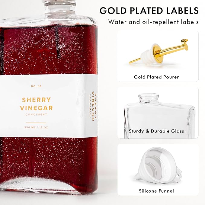 Glass Olive Oil Dispenser Bottle Set [2x17oz]: 36 Premium Gold Labels, Oil Dispenser for kitchen, Vinegar Bottle Set, Glass Dispensers for Soy Sauce, Syrup Bottles | Set of 2-HomvellaHome