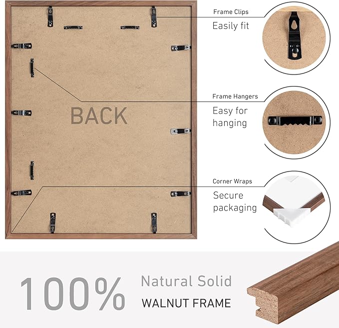 16x20 Picture Frame Set of 4 Natural Solid Walnut Photo Frames with 11x14 Removable Mat Wall Hanging Large Handcrafted Frame with HD Plexiglass Wall and Tabletop Display Large Poster Frame-HomvellaHome