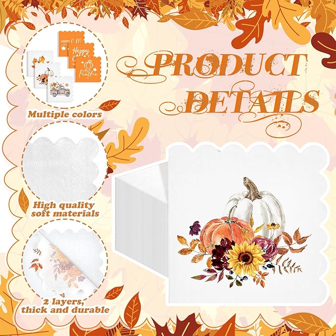 150 Pcs 5 x 5 Inches Fall Thanksgiving Paper Napkins Autumn Pumpkin Scalloped Cocktail Napkins for Decoupage Disposable Autumn Harvest Party Supply Bathroom Table Dessert Dinner Wedding Decor-HomvellaHome