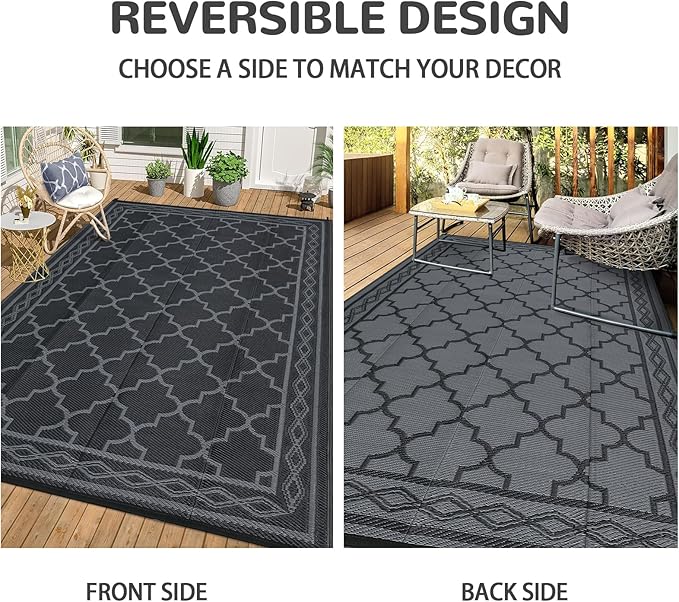 GAOMON Outdoor Rug 9'x12' Waterproof Rug for Patio Decor, Foldable Reversible Plastic Straw Area Rugs Mat for Camper, Outside Carpet for Deck, Porch, Picnic, Beach, Black/Grey(Geometric)-HomvellaHome