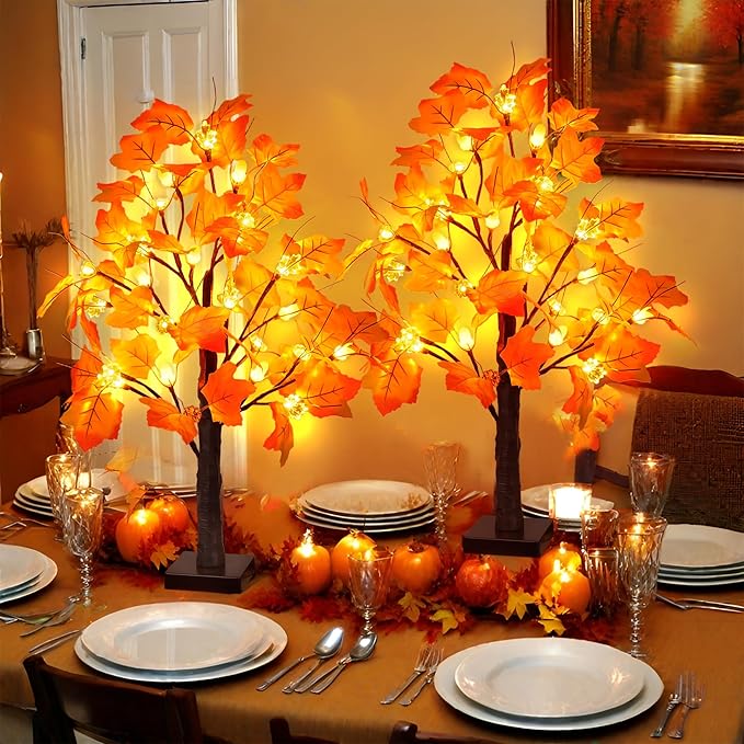 2 Pack 24 Inch Prelit Fall Maple Tree Fall Decor with 48 LED Timer Battery Operated Artificial Fall Light Up Tree Pumpkin Maple Acorn for Fall Thanksgiving Decorations Table Home Indoor Autumn Harvest-HomvellaHome