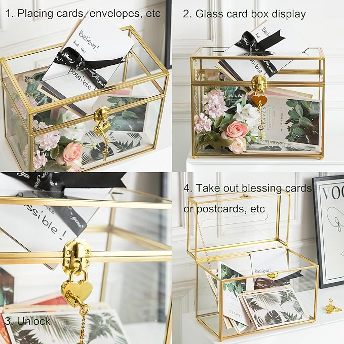Glass Wedding Card Box with Slot, 10.2 inch Clear Card Box Gold Brass Gift Card Storage Box with Lock Perfect for Wedding Receptions, Baby Shower, Birthday Party, Bridal Shower-HomvellaHome