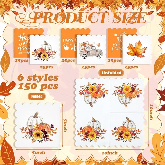 150 Pcs 5 x 5 Inches Fall Thanksgiving Paper Napkins Autumn Pumpkin Scalloped Cocktail Napkins for Decoupage Disposable Autumn Harvest Party Supply Bathroom Table Dessert Dinner Wedding Decor-HomvellaHome