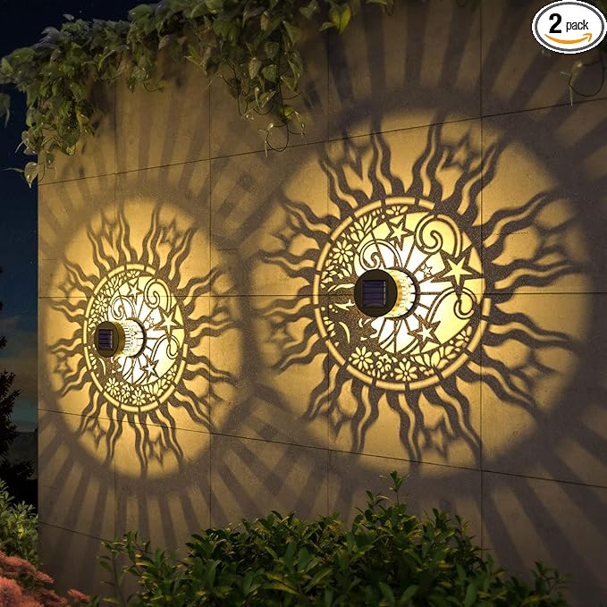 2 Pack Solar Fence Lights Metal Solar Powered Outdoor Wall Deck Lights Sun Moon Theme Waterproof Fence Light for Garden Post Patio Backyard Yard Decor (Face, 2 Pack)-HomvellaHome