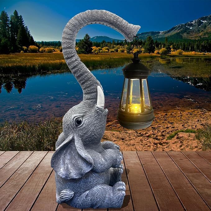 10.6 Inch Statue Elephant with Solar Outdoor Lights for Garden Decor，Lucky Present with Appeal for Birthdays(Man and Women and Family)，Unique Housewarming Presents and Yard Decor. (Gray)-HomvellaHome
