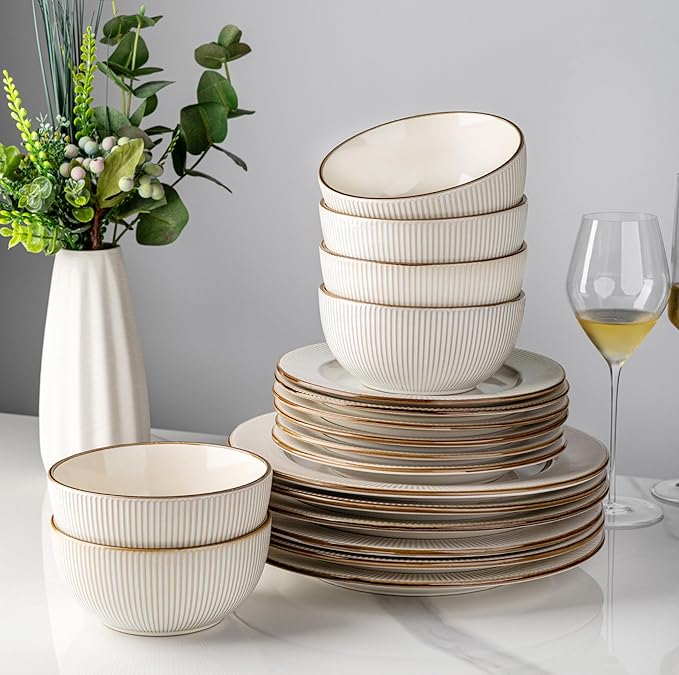 GBHOME Ceramic Dinnerware Sets,18 pcs Embossed Elegant Stoneware Plates and Bowls Sets, Housewarming Wedding Gift | Dishwasher & Microwave Safe | Dishes Set Service for 6-HomvellaHome
