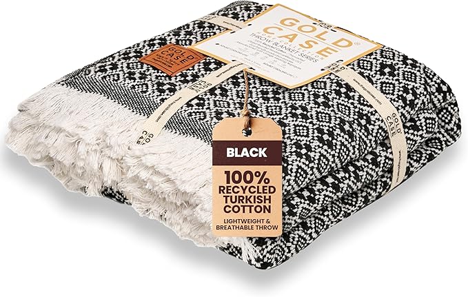 Gold Case Throw Blanket for Couch – 100% Recycled Turkish Cotton Blankets & Throws – Elegant Decorative Throw Blankets for Living Room Sofa – Woven Throws for Couch – Retro Black – 50x60-HomvellaHome