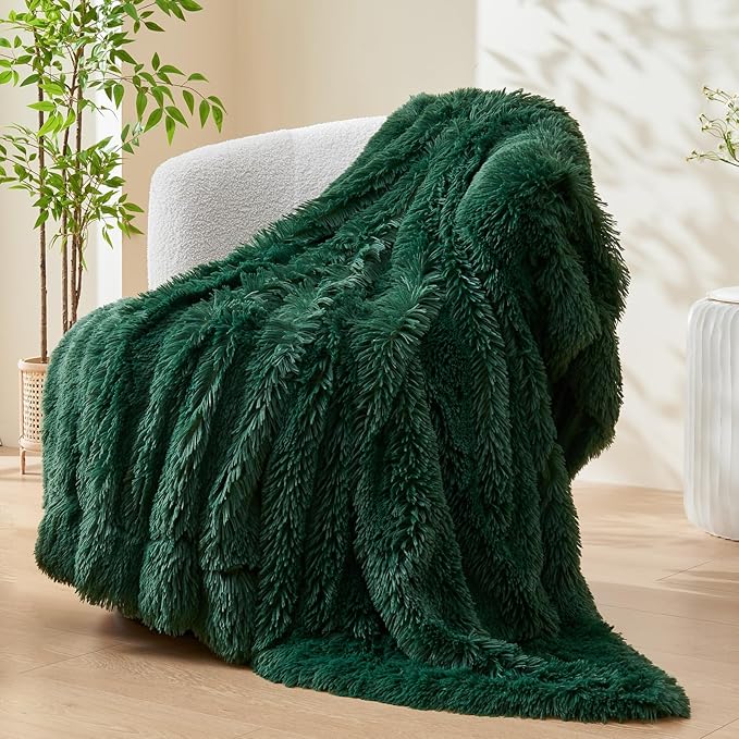 GONAAP Fuzzy Faux Fur Throw Blanket Twin Size Dark Green Super Soft Cozy Plush Fuzzy Shaggy Blanket for Couch Sofa Bed (Dark Green, Twin(60"x80"))-HomvellaHome