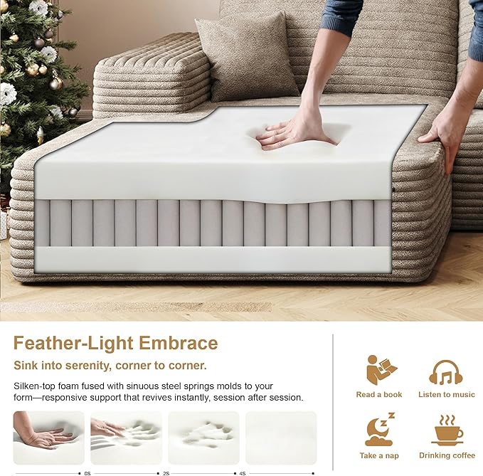 136" Sectional Couches for Living Room Modern Modular Sofa with L-Shape Couchs Upholstered Boneless Couch Deep Seat Sectional Couch with Chaise (Camel, Left Facing Chaise+3Seaters+Ottoman)-HomvellaHome