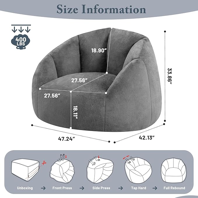 Giant Bean Bag Chair for Adults - Comfy Plush Round Shell Soft Accent Chair, Oversized Cozy Lounge Floor Sofa Reading Chair, Mini Couch for Living Room, Bedroom & Game Rooms, Gray-HomvellaHome