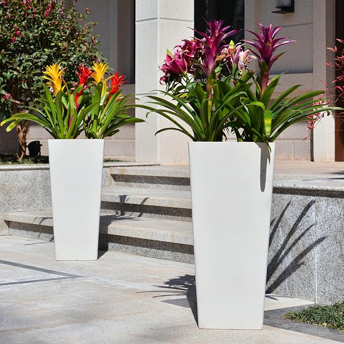 GreenShip 27" Tall Planters, Set of 2 – Black Outdoor Planter for Front Porch & Tall Plants, Weather-Resistant, with Drainage Hole & Rubber Plug (No Plants Included) (White-2pcs)-HomvellaHome