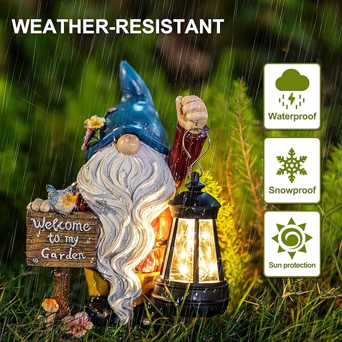 Garden Gnome Statues Figurine Lights - Solar Powered Lighting Outdoor Decorations with Lantern & Welcome Sign, Yard Art Lawn Ornaments for Porch Patio Balcony - Gnome Gifts for Women Mom-HomvellaHome