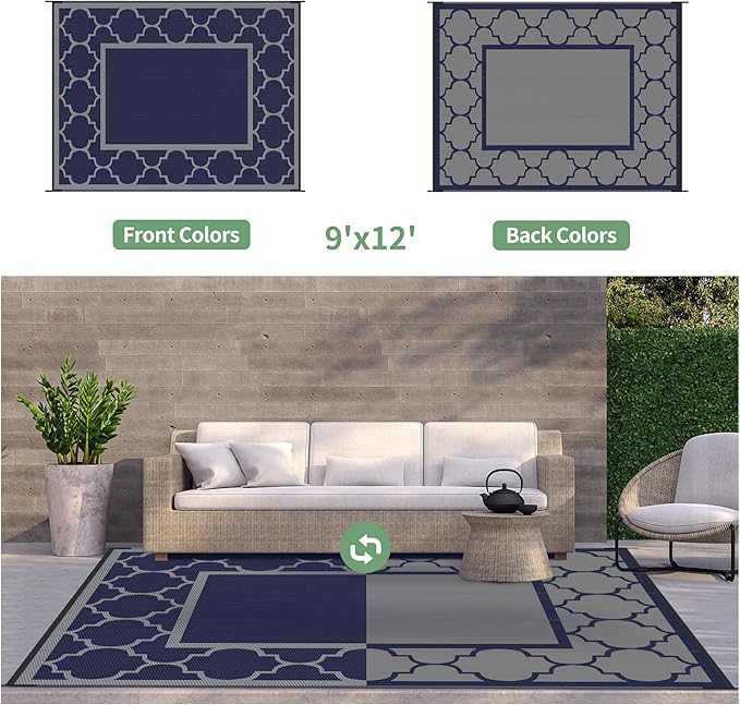 GENIMO Outdoor Rug 9' x 12' Patio Waterproof, Foldable Reversible Plastic Straw Area Rugs Mat for Camper Decor, Outside Carpet for Rv, Deck, Porch, Picnic, Beach, Balcony, Blue & Grey-HomvellaHome