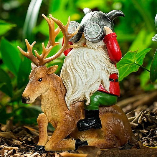 Garden Gnome Statues Resin Gnome Sitting On Deer Statues Solar Lights Outdoor Telescope Gnome Gifts for Yard, Patio Decor Gift (Deer Gnome)-HomvellaHome