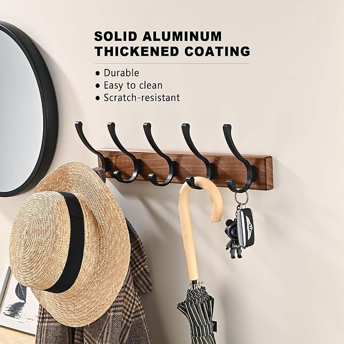 17.3" Small Wooden Coat Rack Wall Mount with 5 Hooks, Entryway Wall Hooks Coat Hanger for Hanging Towel Jacket Clothes Hat Backpack Shoe Purse Key Holder Multi Hook Rail by Black Walnut Wood-HomvellaHome
