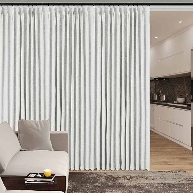 Greyish White Pinch Pleat 100% Blackout Drapes Linen Blend, Room Divider, Room Darkening, Energy Saving, Furniture Protecting, Light Blocking Extra Wide Privacy Curtains, 200Wx102L, 1 PC-HomvellaHome