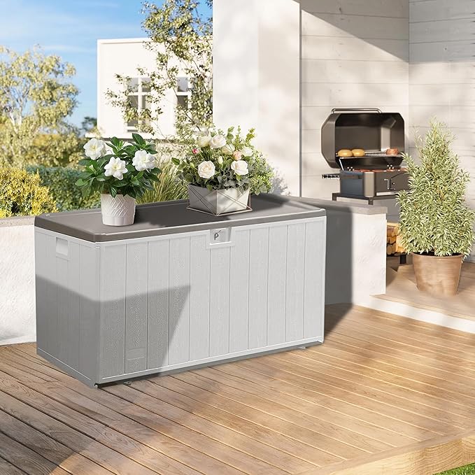 110 Gallon Pro Outdoor Storage Box Waterproof Lockable Deck Box Large, Patio Storage Bin for Pool Accessories Cushion Furniture, Garden Tools, UV-Resistant Outside Delivery, Grayish Brown-HomvellaHome