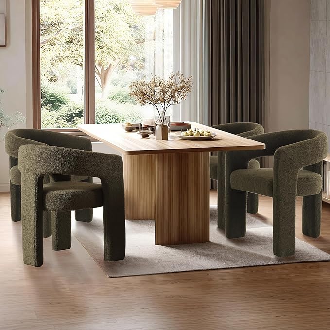 Green Sherpa Dining Chairs Set of 4, Modern Barrel Dining Room Chairs Upholstered Faux Fur Accent Chair with Arms and Round Back for Living Room Kitchen Armchair No Assembly Needed-HomvellaHome