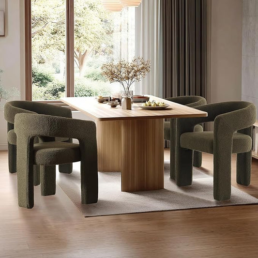 Green Sherpa Dining Chairs Set of 4, Modern Barrel Dining Room Chairs Upholstered Faux Fur Accent Chair with Arms and Round Back for Living Room Kitchen Armchair No Assembly Needed-HomvellaHome
