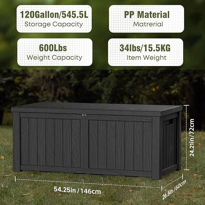 120 Gallon Outdoor Deck Box,Storage Lockable Waterproof Patio Furniture,Garden Tools,Cushions,Pool Accessories Outside Storage Resin Box(Black)-HomvellaHome