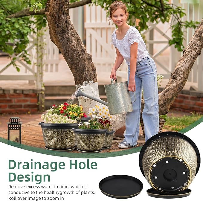 10 Inch Plant Pots, 4 Pack Flower Pots Outdoor with Drainage Holes & Trays, Retro Antique Imitation Decorative Garden Plastic Pots for Plants Indoor Sets for Houseplants-HomvellaHome