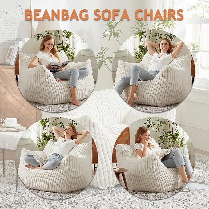 Giant Bean Bag Chairs for Adults with Filling Plush Fluffy Bean Bag Chairs for Teens with Armrests Comfy BeanBag Lazy Couch Sofa Chair for Bedroom Living Room Reading-HomvellaHome