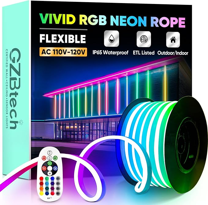 GZBtech RGB LED Neon Rope Lights 33FT/10M, AC 110-120V Waterproof Color Changing LED Rope with Remote Controller, Dimmable Multi Color Neon Rope Lighting for Indoor Outdoor Commercial Use-HomvellaHome