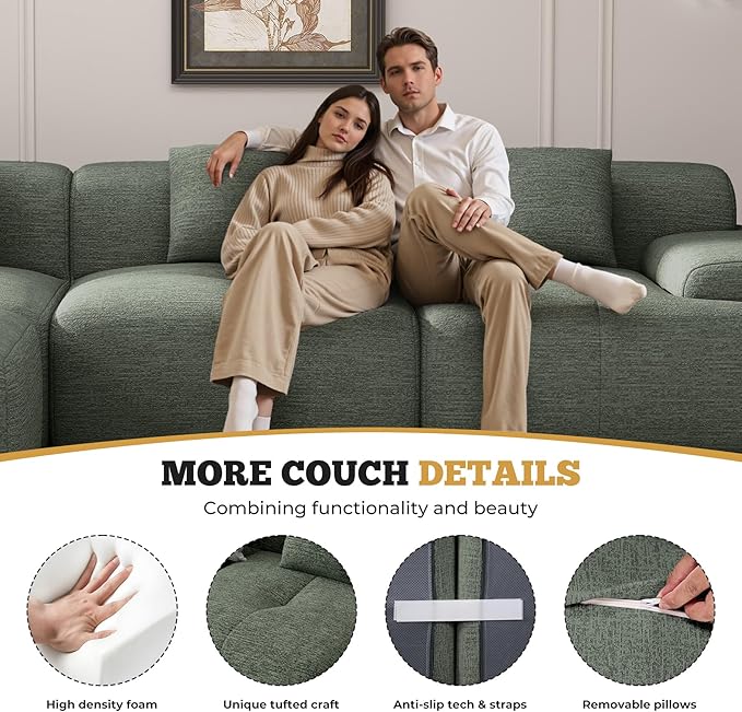 122" Modern L Shaped Modular Sectional Sofa, Boneless Couches for Living Room with Ottoman,4 Seater Convertible Chenille Cloud Couch Sofa Set, No Assembly Required, Green 1 PCS-HomvellaHome