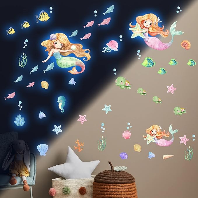 Glow in The Dark Stars Mermaid Wall Decals, Turtle Ocean Fish Stickers for Ceiling, DIY Wall Decor for Nursery Playroom Living Room, Birthday Christmas Gift-HomvellaHome