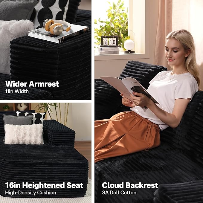 104" Cloudy Sectional L Shaped Couch for Living Room, No Assembly Required, Modular Comfy Sofa with Deep Seat, Fluffy Couch with Sleeper Chaise for Apartment Lounge (Black)-HomvellaHome