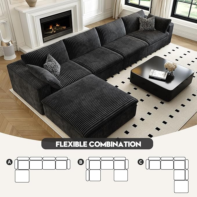 157.5" Cloud Couch Modular Sectional Sofa for Living Room,Modern Sofa with Deep Seat，L-Shape Boneless Couch with Ottoman,Comfy Upholstered Corduroy Couches for Apartment, Studio, Office,Bedroom，Black-HomvellaHome