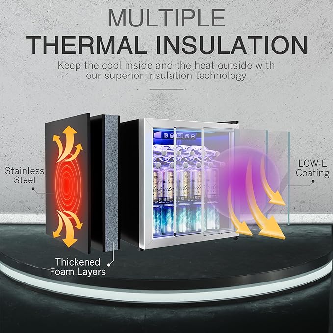 1.77 Cu.Ft Beverage Fridge, Mini Fridge With Glass Door, Beverage Cooler Refrigerator, Wine Drink Beer Fridge, Adjustable Shelves & Digital Temperature Display, 16 Bottle 68 Can, Silver-HomvellaHome