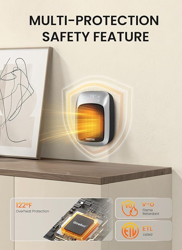 GiveBest 800W Plug-in Wall Space Heater With Remote, Small Outlet Heater With Adjustable Thermostat, 12H Timer, LED Display for RV, Home Office, Bathroom Indoor Use-HomvellaHome