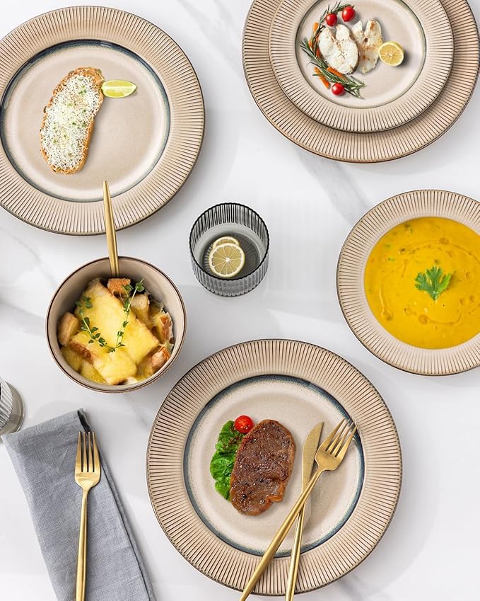 GBHOME Ceramic Dinnerware Sets, 18 Piece Embossed Elegant Stoneware Plates and Bowls Sets, Housewarming Wedding Gift | Dishwasher & Microwave Safe | Dishes Set Service for 8-HomvellaHome
