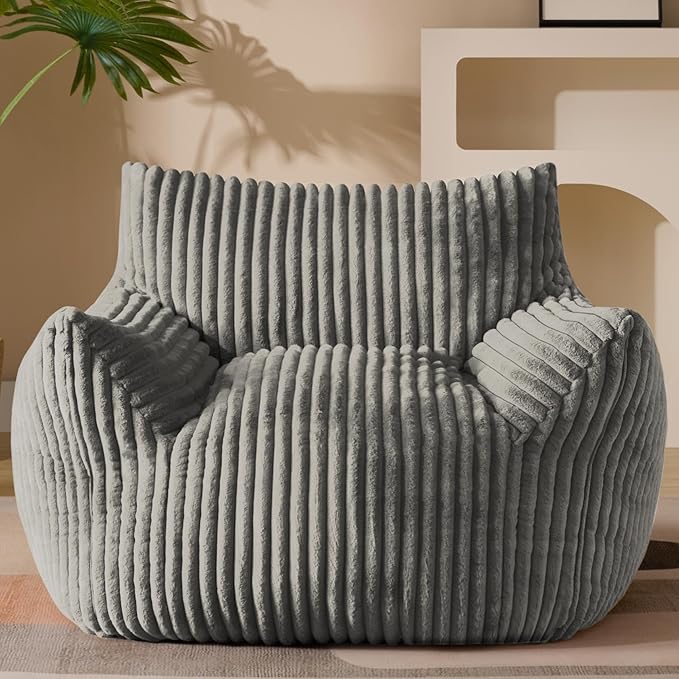 Giant Plush Bean Bag Chair for Adults with Armrests - Oversized Comfy Light Grey Beanbag Lounge Lazy Floor Sofa Accent Chair for Living Room, Bedroom & Dorm, Cozy Fluffy Single Cloud Mini Couch-HomvellaHome