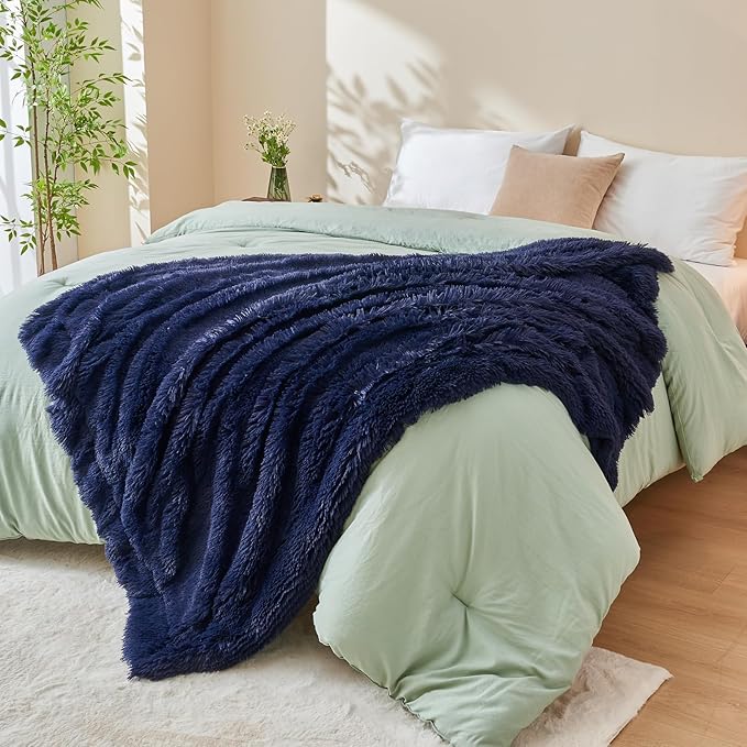 GONAAP Fuzzy Faux Fur Throw Blanket Twin Size Dark Navy Super Soft Cozy Plush Fuzzy Shaggy Blanket for Couch Sofa Bed (Dark Navy, Twin(60"x80"))-HomvellaHome