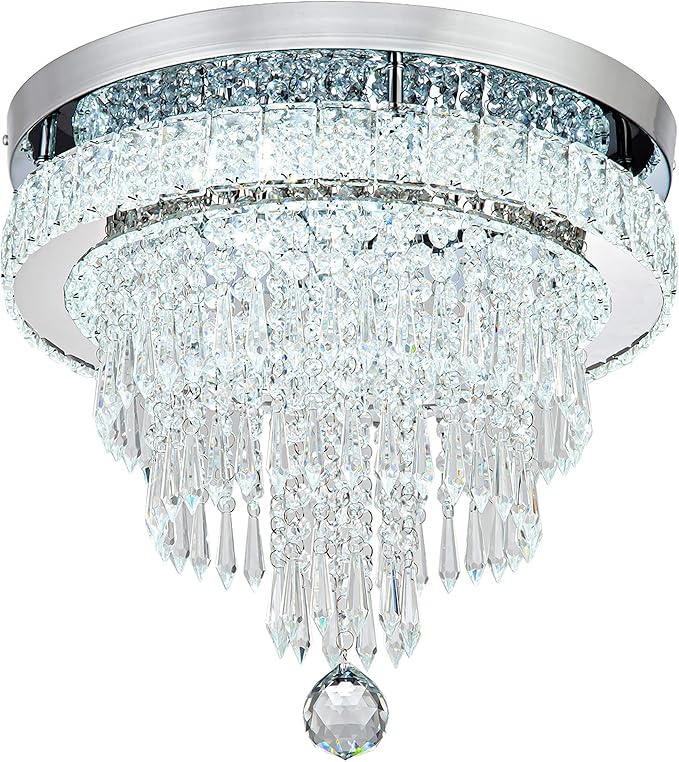 16“ Crystal Chandeliers Light Flush Mount Ceiling Light Fixtures Round Modern LED Chandelier for Living Room Bedroom Dining Room Closet Hallway (Cool White)-HomvellaHome